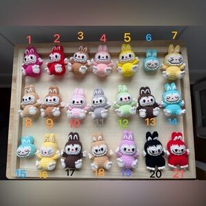 Handmade Labubu. Stuffed Lafufu Toys. Crochet Labubus with pearl chains.